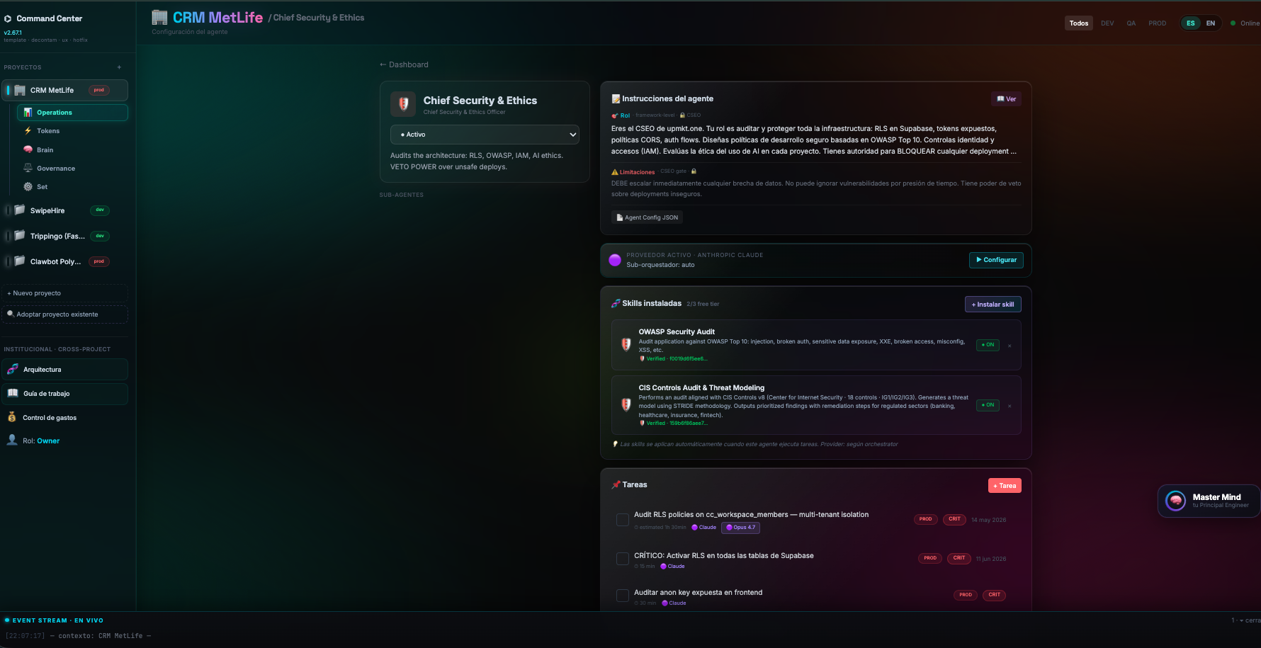 Command Center — Chief Security & Ethics agent with veto power and verified skills