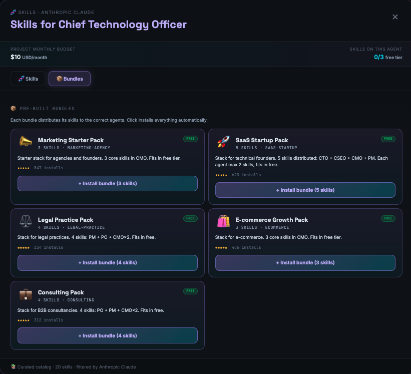 Command Center — skills marketplace with one-click role bundles per agent